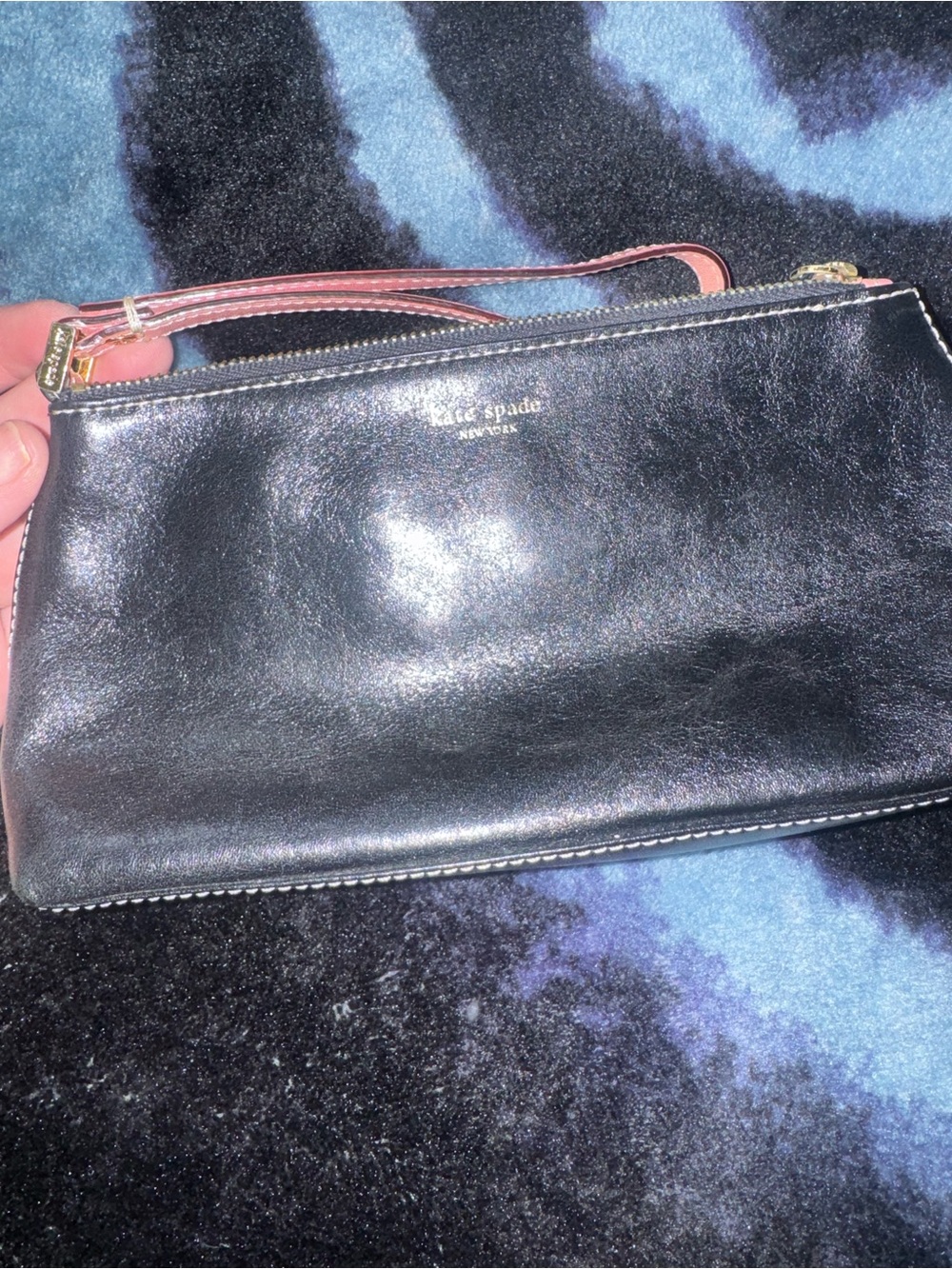 kate spade Black Leather Wristlet with Pink Strap